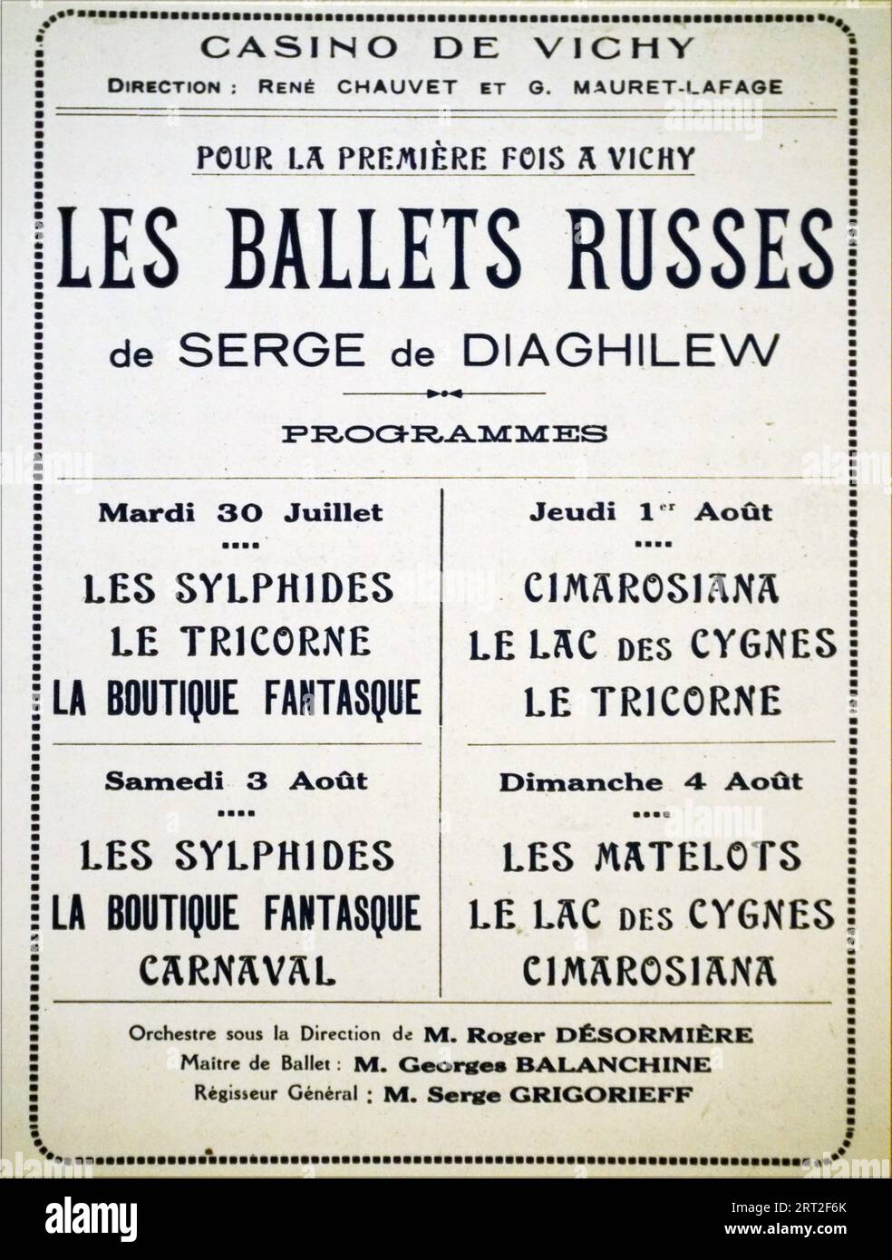 Affiche des Ballets russes du 30 juillet au 4 ao&#xfb;t 1929 &#xe0; l'OP&#xe9;ra de Vichy, 1929. Private Sammlung. Stockfoto