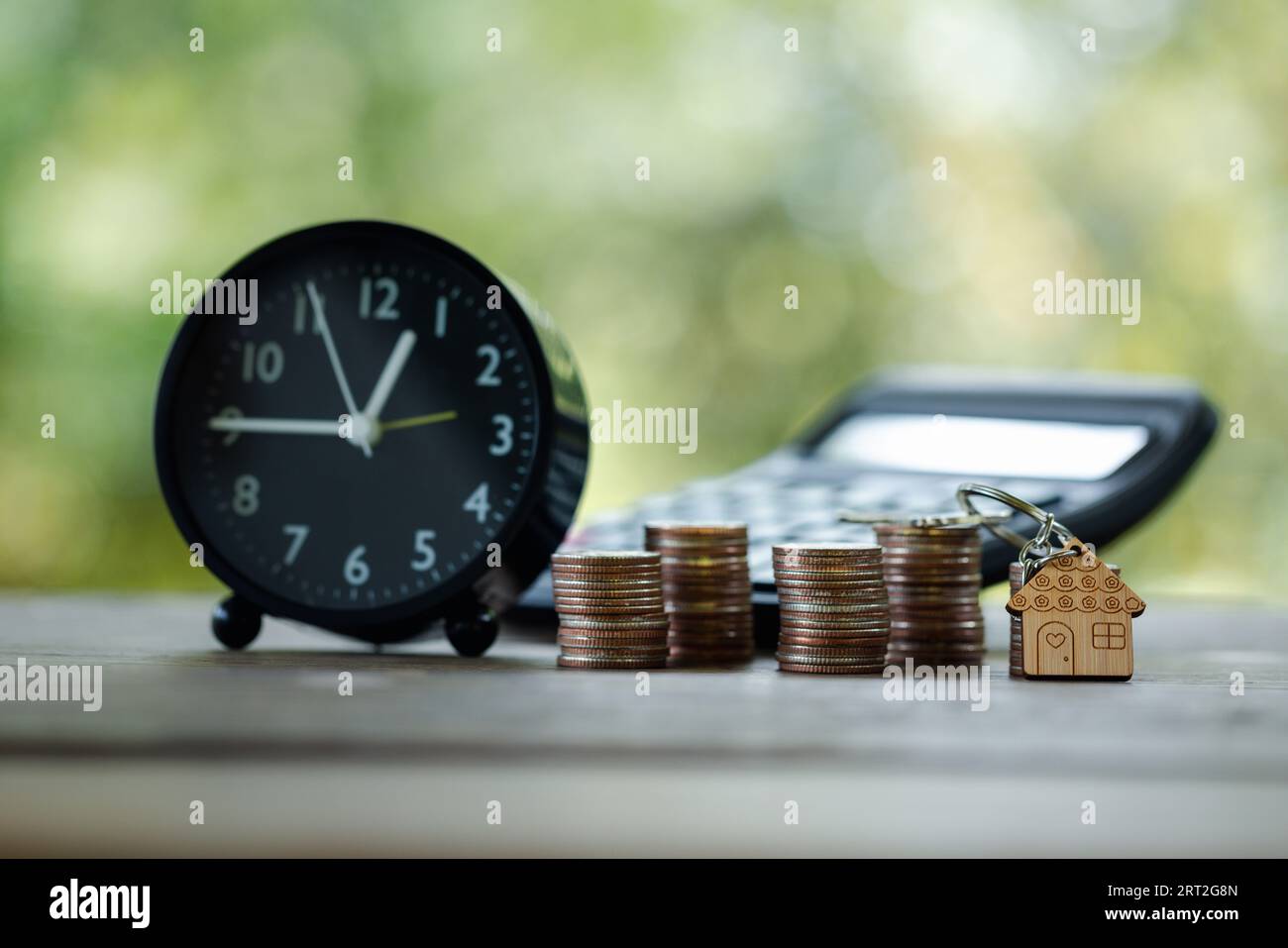 Sparen Sie Geld mit Heimdarlehen und Münzen im ruhigen Naturhintergrund. Finanzwesen, Investitionen, Immobilienkonzept. Münzen inmitten ruhiger Natur. Fi Stockfoto