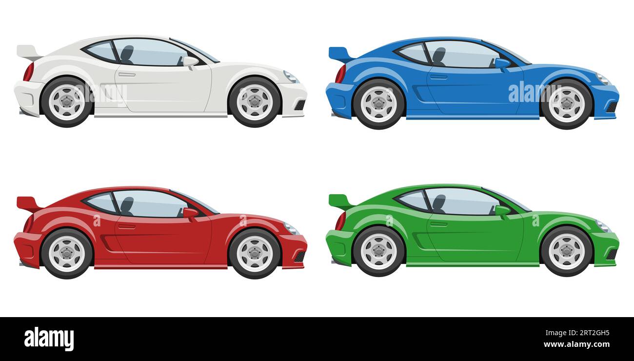 Sportwagen Seitenansicht Vektor Illustration. Isolierte Fahrzeuge aus Profil in rot, blau, grün auf weißem Hintergrund Stock Vektor