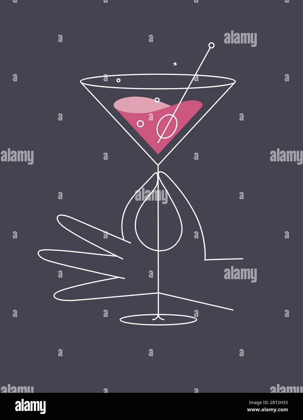 Handgehaltenes Glas kosmopolitischer Cocktail-Zeichnung in flacher Linie auf dunkelblauem Hintergrund Stock Vektor