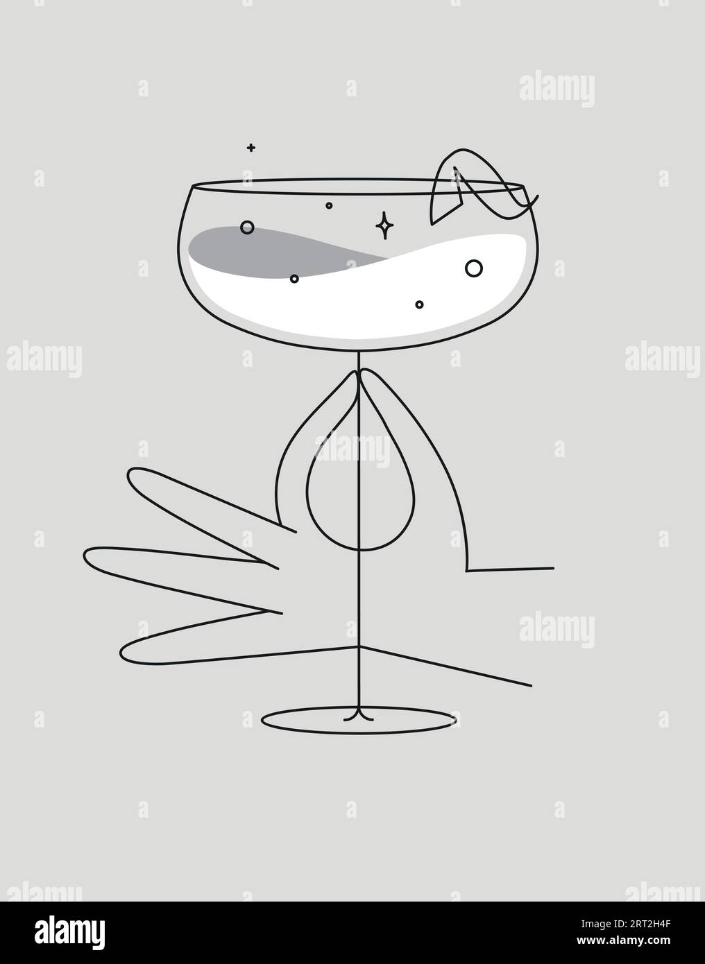 Hand haltendes Glas Daiquiri-Cocktail-Zeichnung in flacher Linie auf grauem Hintergrund Stock Vektor