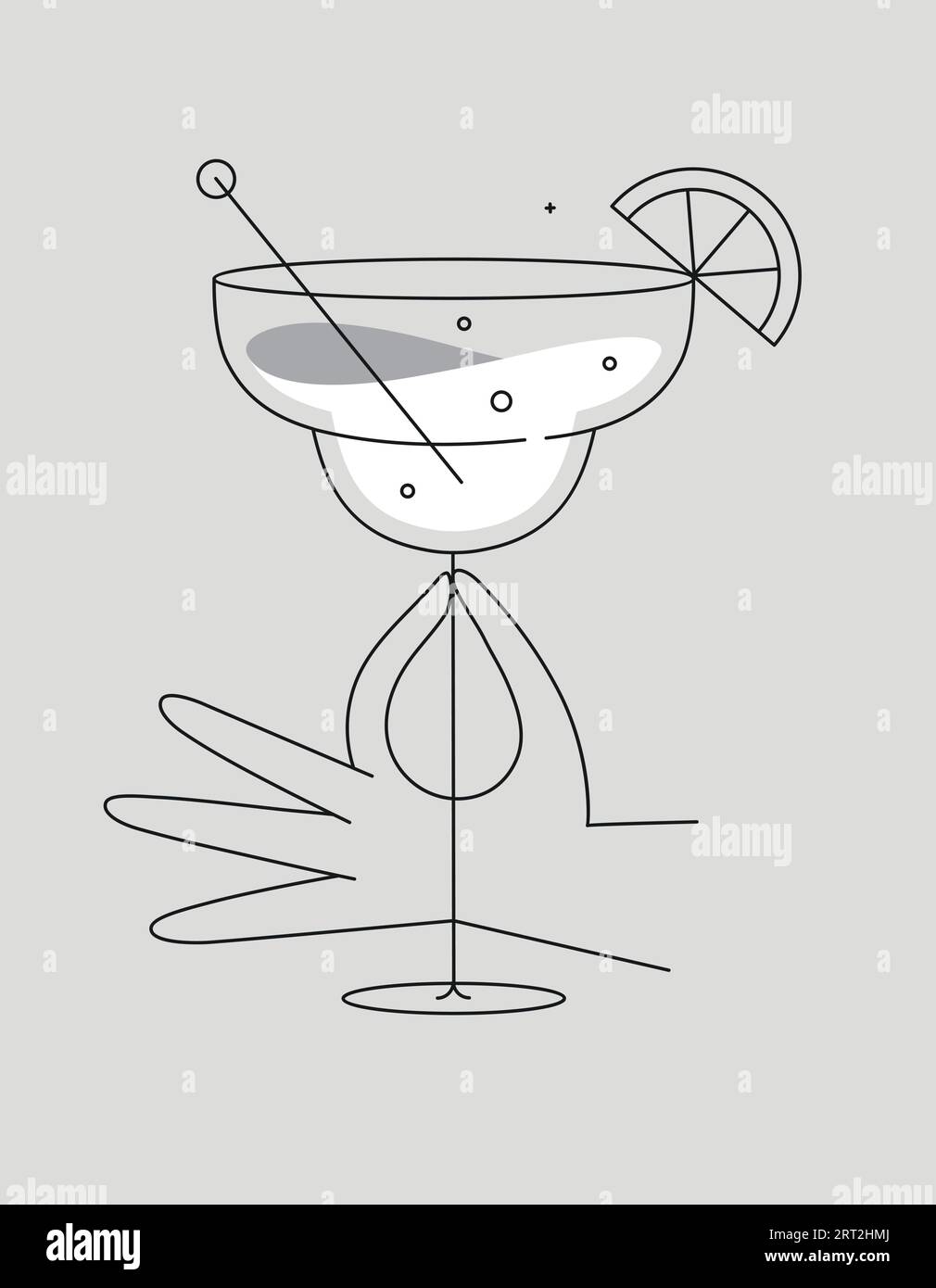 Hand haltendes Glas Margarita-Cocktail-Zeichnung in flacher Linie auf grauem Hintergrund Stock Vektor