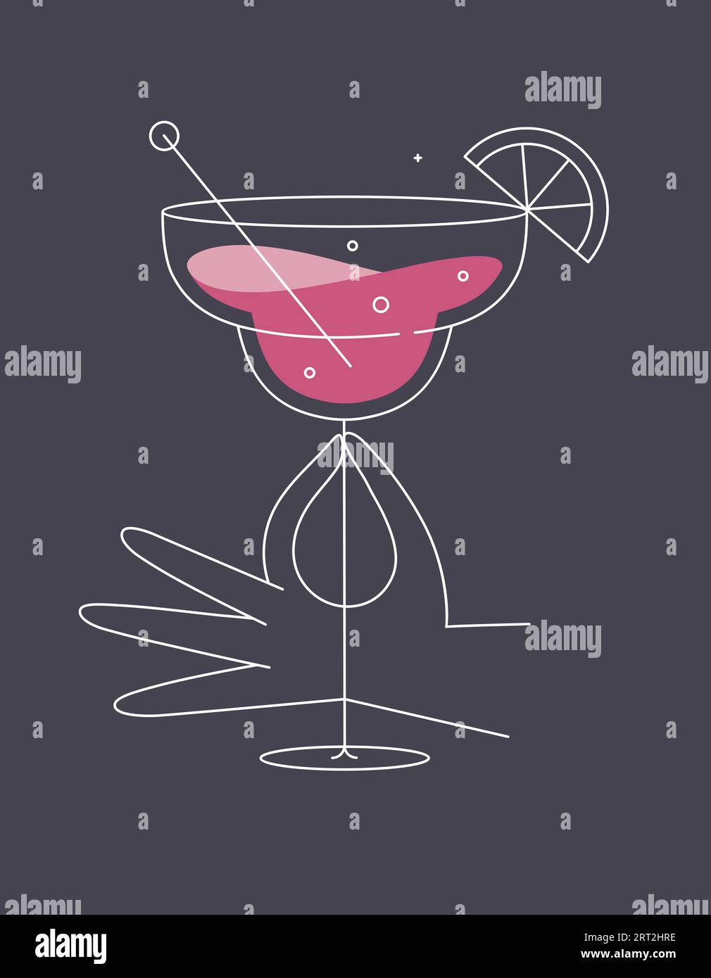 Hand haltend Glas Margarita Cocktail Zeichnung in flacher Linie auf dunkelblauem Hintergrund Stock Vektor