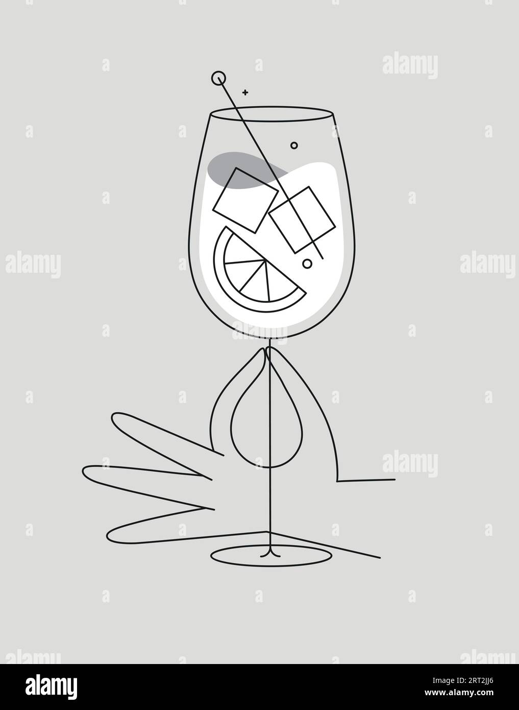 Hand haltend Glas mit Sprits Cocktail Zeichnung in flacher Linie auf grauem Hintergrund Stock Vektor
