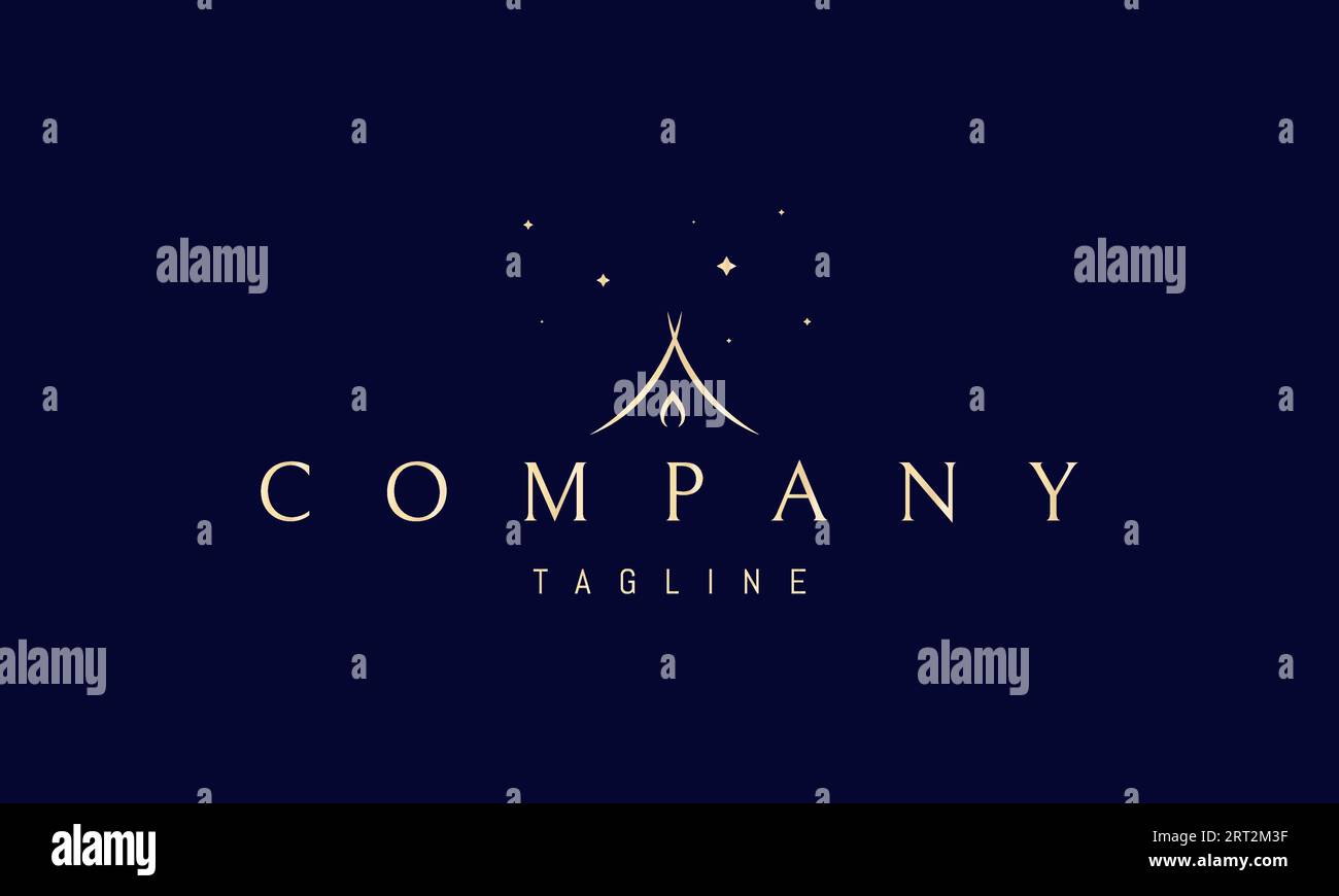 Ein goldenes Vektorlogo mit einem abstrakten Bild eines Lagerfeuers vor dem Hintergrund eines Zeltes. Stock Vektor Ein goldenes Vektorlogo mit einem abstrakten Bild eines Lagerfeuers vor dem Hintergrund eines Zeltes. Stock Vektor