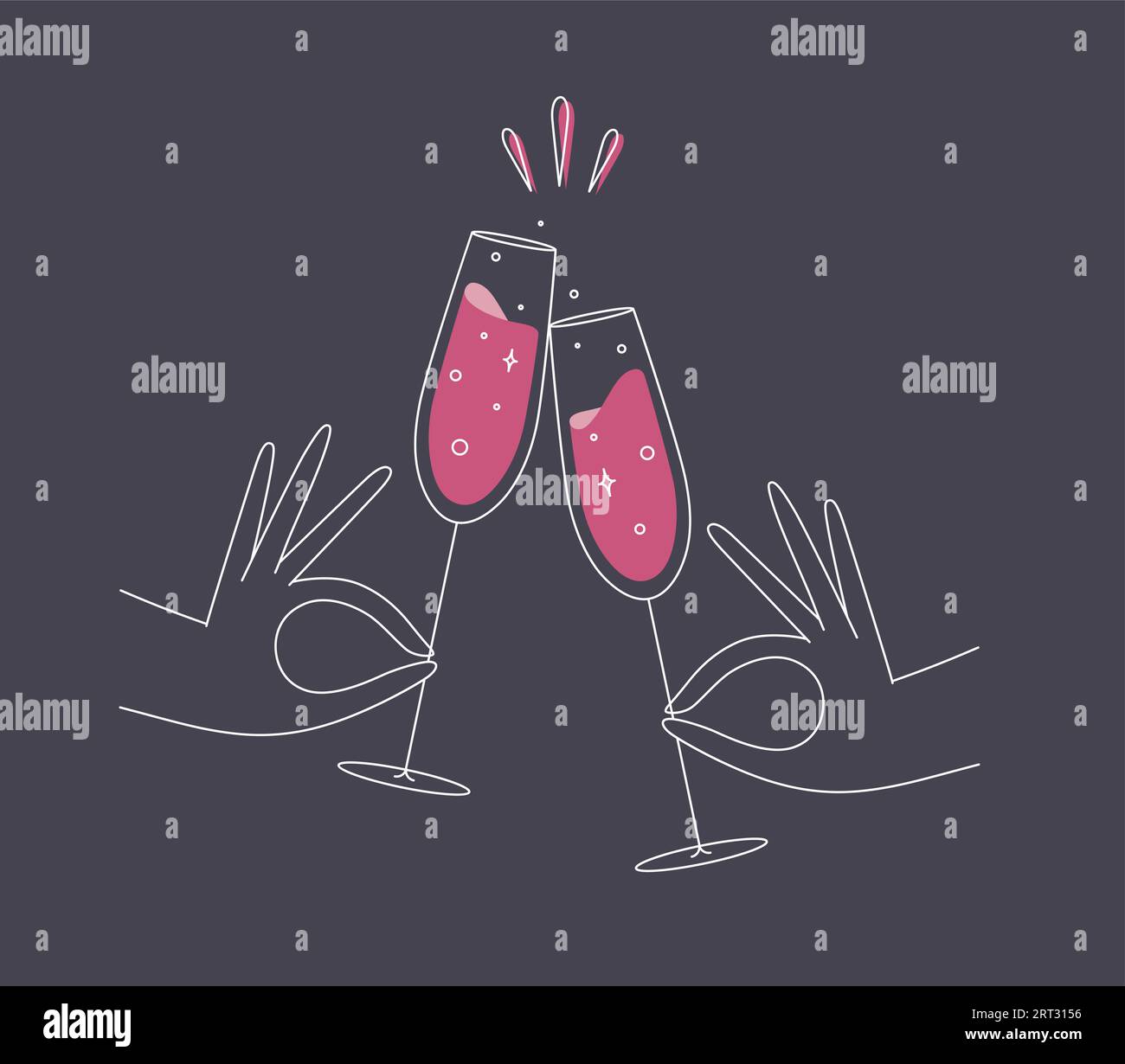 Hand hält Champagner klirrrende Gläser, die in flacher Linie auf dunkelblauem Hintergrund zeichnen Stock Vektor