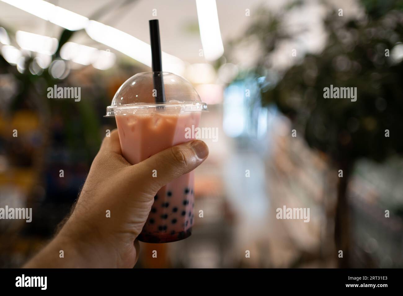 Traditionelles Taiwan-Konzept. Frau, die einen Milchblasentee mit Tapiokaperlen hält Stockfoto