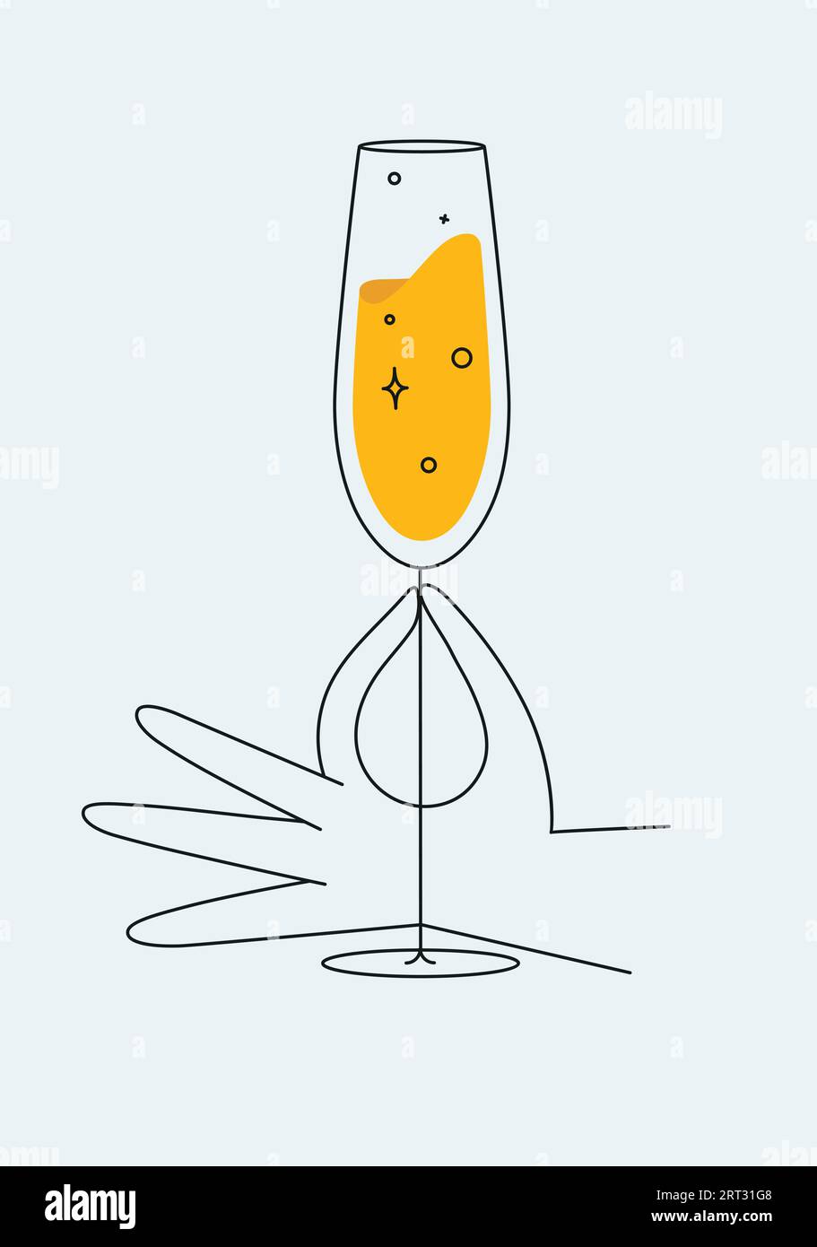 Hand hält ein Glas Champagner Zeichnung in flacher Linie auf hellem Hintergrund Stock Vektor