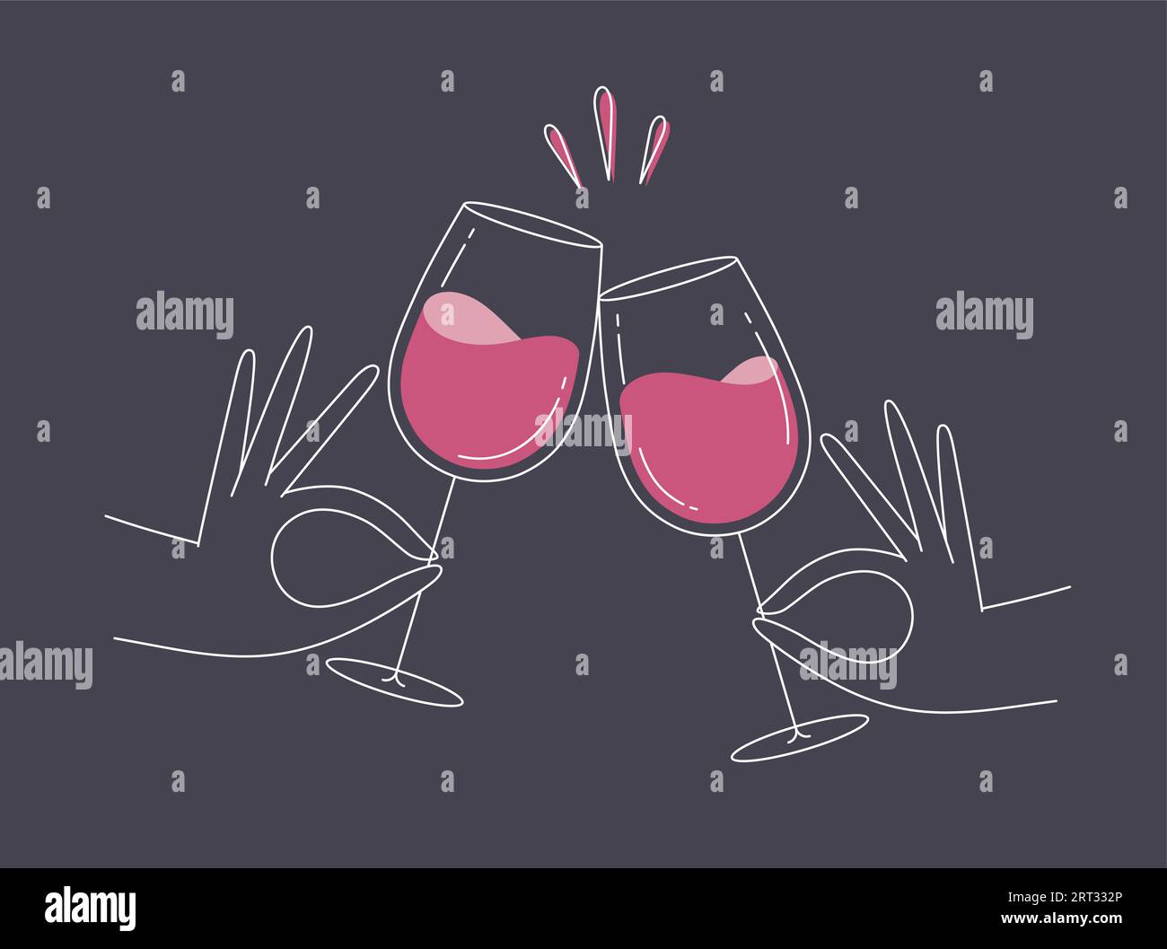 Hand hält Wein klirrende Gläser, die in flacher Linie auf dunkelblauem Hintergrund zeichnen Stock Vektor