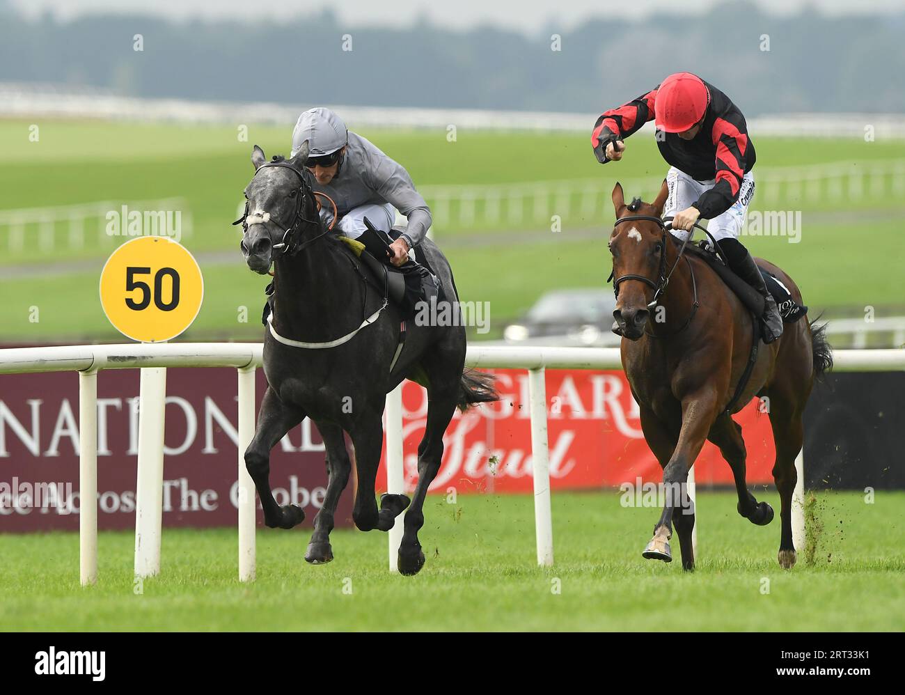 Der von Daniel Tudhope gerittene Fallen Angel (links) gewinnt die Moyglare Stud Stakes auf der Curragh Racecourse in County Kildare. Bilddatum: Sonntag, 10. September 2023. Stockfoto