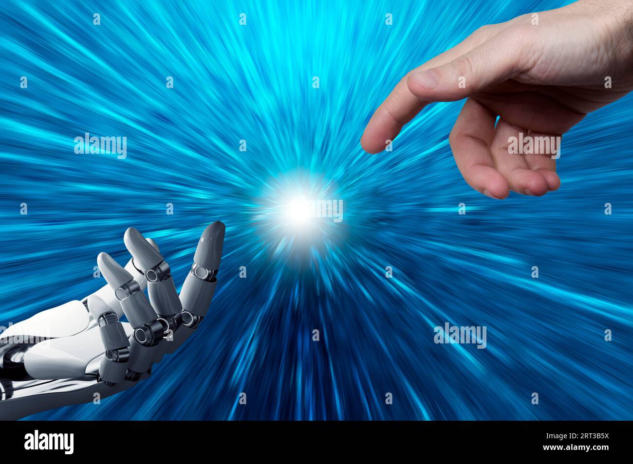 Menschliche Hand berührt eine Roboterhand Stockfoto