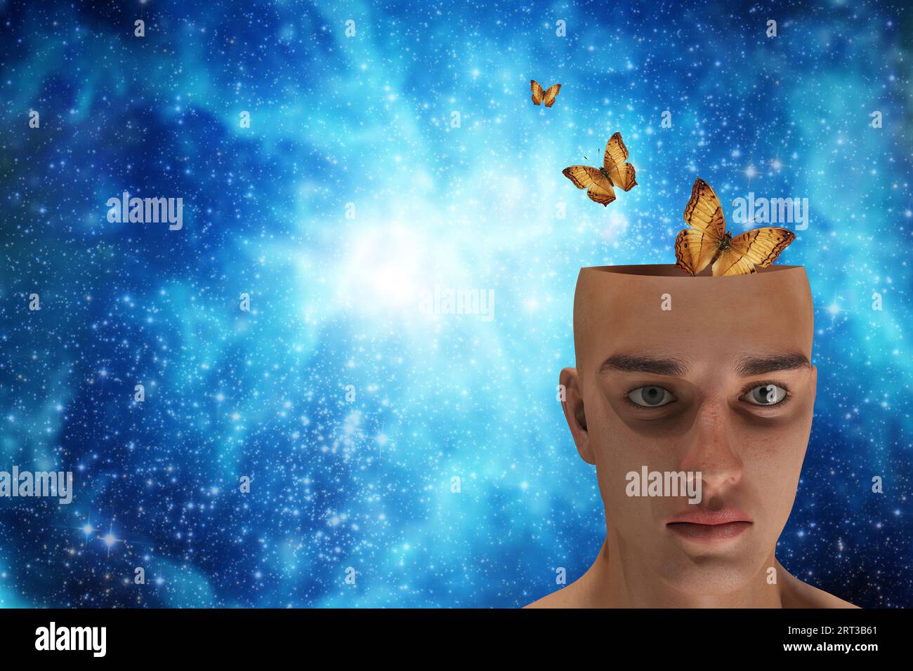 Menschlicher Kopf mit Schmetterlingen aus ihm kommen, Phantasie und Kreativität Konzept Stockfoto
