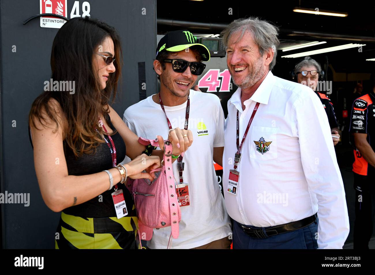 Valentino Rossi vr46 Francesca Sofia Novello und Präsident fmi Giovanni Copioli während Gran Premio Red Bull di San Marino e della Riviera di Rimini - Race and Press Conference, MotoGP World Championship in Misano Adriatico (RN), Italien, 10. September 2023 Stockfoto