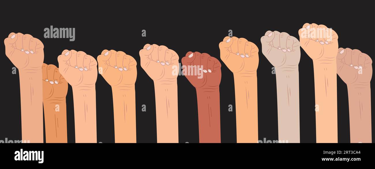Hand mit erhobener Faust. Öffnen Sie die Hand-up-Vektor-Illustration. Mit verschiedenen Hautfarben, die die Fäuste hoch halten. Vektorabbildung Stock Vektor