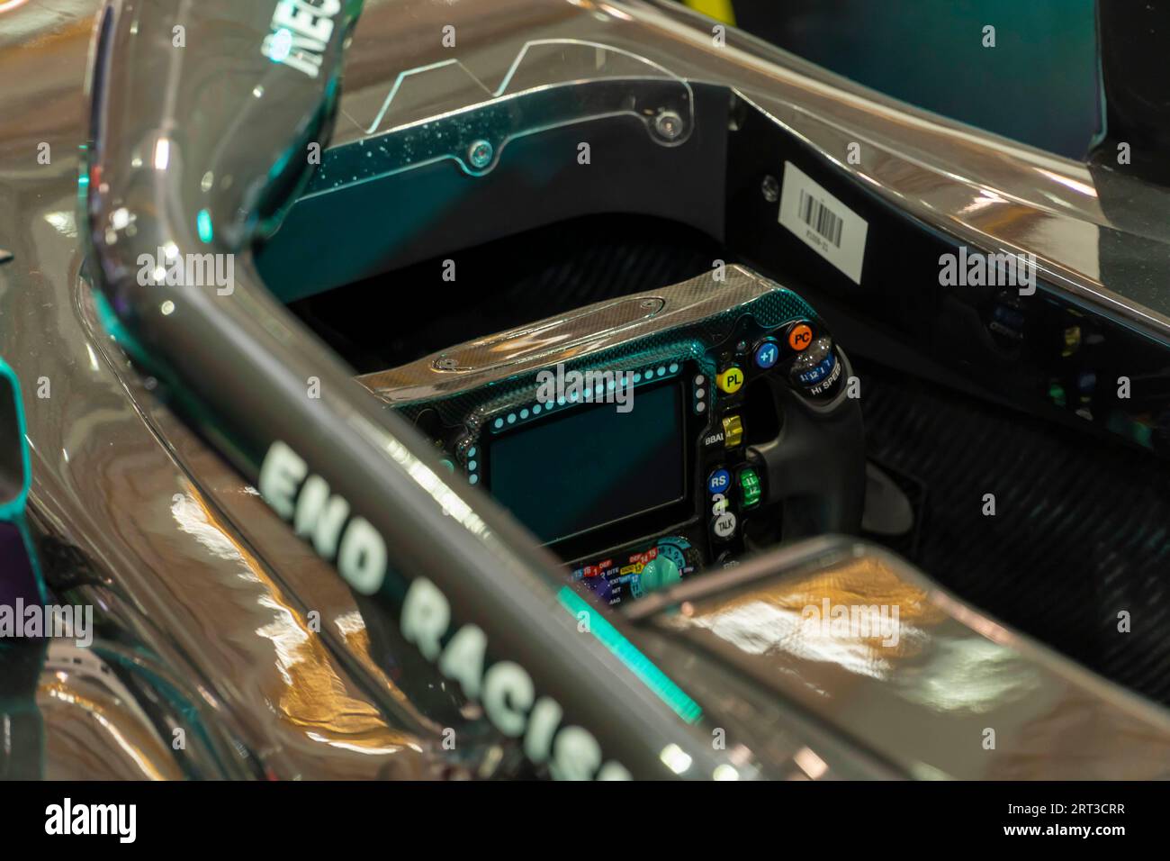 Kuala Lumpur, Malaysia - 5. Mai 2023: Details von Petronas Mercedes AMG F1 W14 E Perfomance Car auf der Malaysia Autoshow 2023 Stockfoto