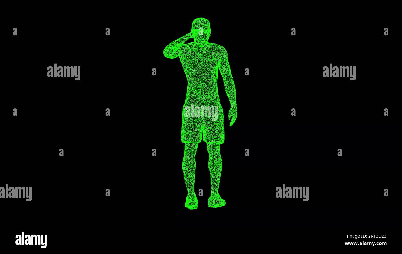 3D-Mann mit Hand über die Stirn, um sich auf schwarzem Hintergrund umzusehen. Relax-Konzept. Sommerurlaub am Meer. Hintergrund der Geschäftswerbung. Für Titel, Text Stockfoto