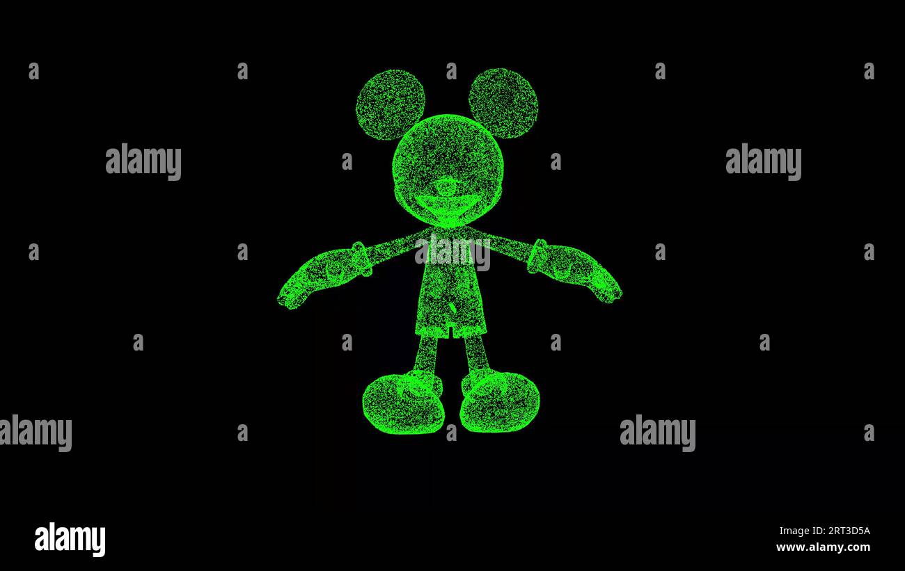 3D-Mickey-Maus auf schwarzem Hintergrund. Märchencharakterkonzept. Kindercartoonhelden. Hintergrund der Geschäftswerbung. Für Titel, Text Stockfoto