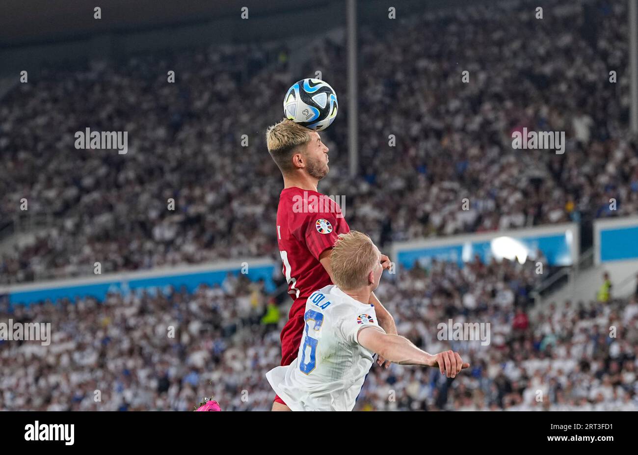 September 10 2023: Jonas Wind (Denmark) and Glen Kamara (Finland) battle for the ball during a Group H EURO 2024 Qualification game, Finland versus Denmark , at Olympic stadium, Helsinki, Finland. Kim Price/CSM (Credit Image: © Kim Price/Cal Sport Media) (Cal Sport Media via AP Images) Stockfoto