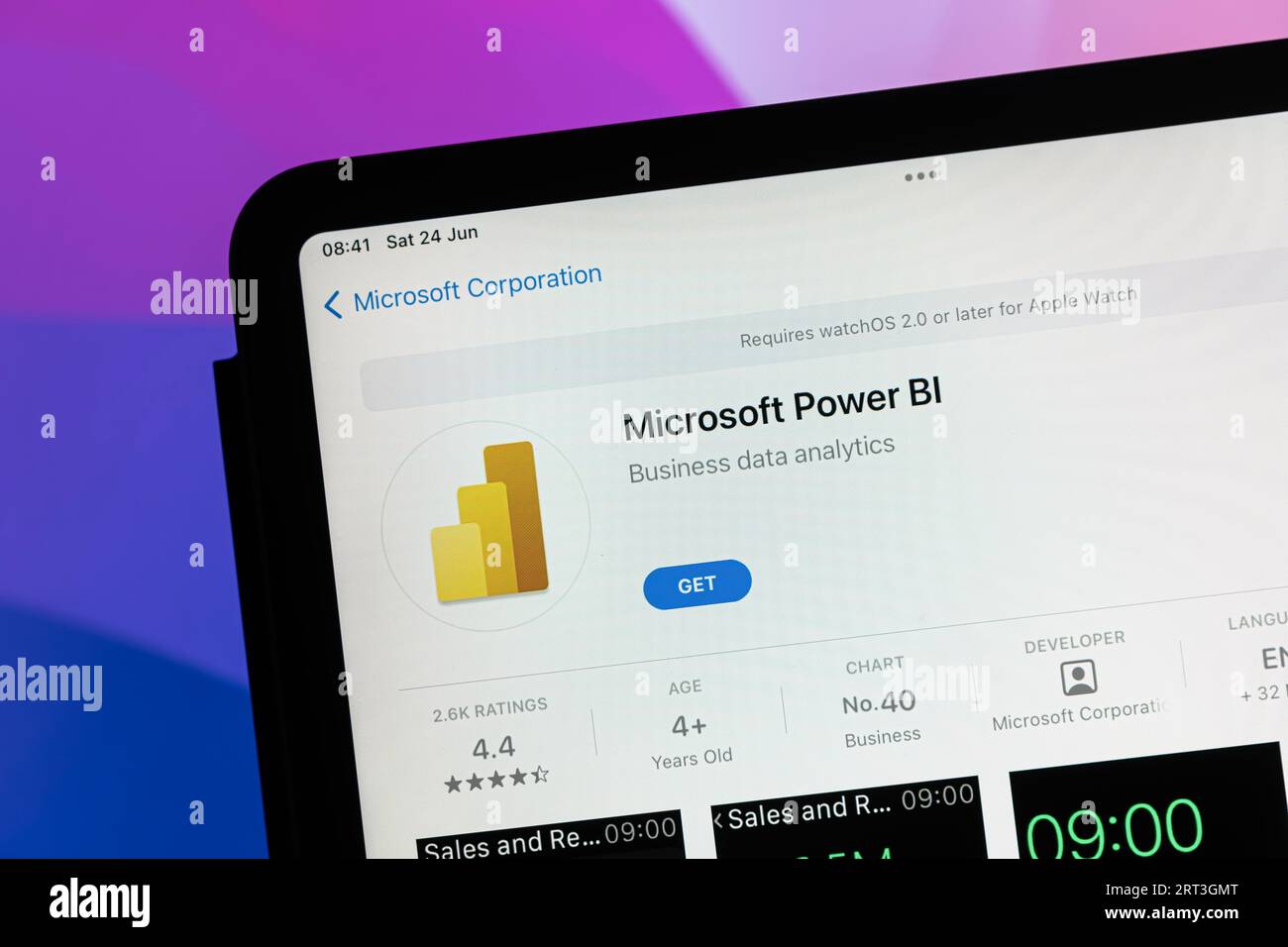 Ostersund, Schweden - 24. Juni 2023: Microsoft Power BI App. Microsoft Power BI ist eine interaktive Datenvisualisierungssoftware, die von Microsoft entwickelt wurde. Stockfoto