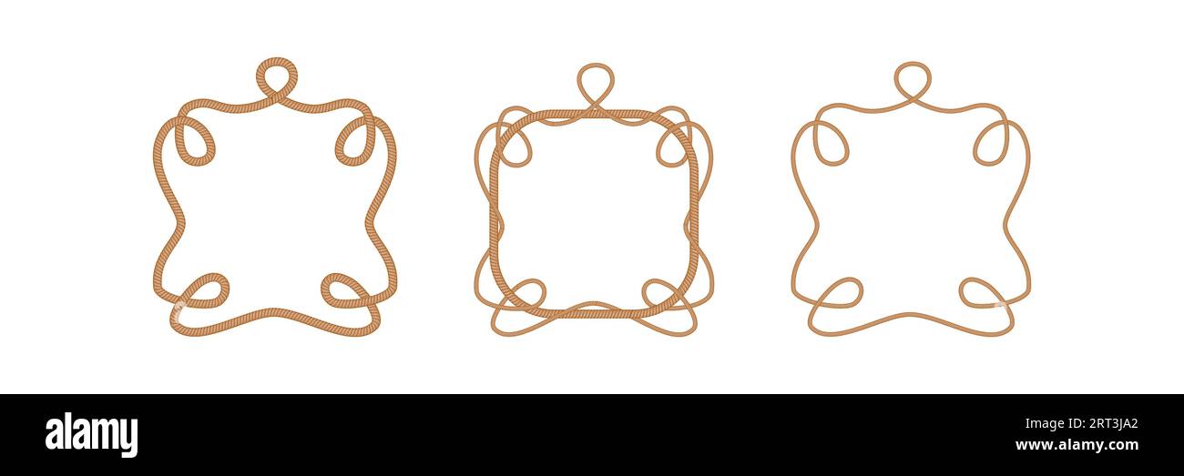 Set aus Seilrahmen mit Knoten. Designelement für Seesegler. Vektorillustration isoliert auf weißem Hintergrund Stock Vektor