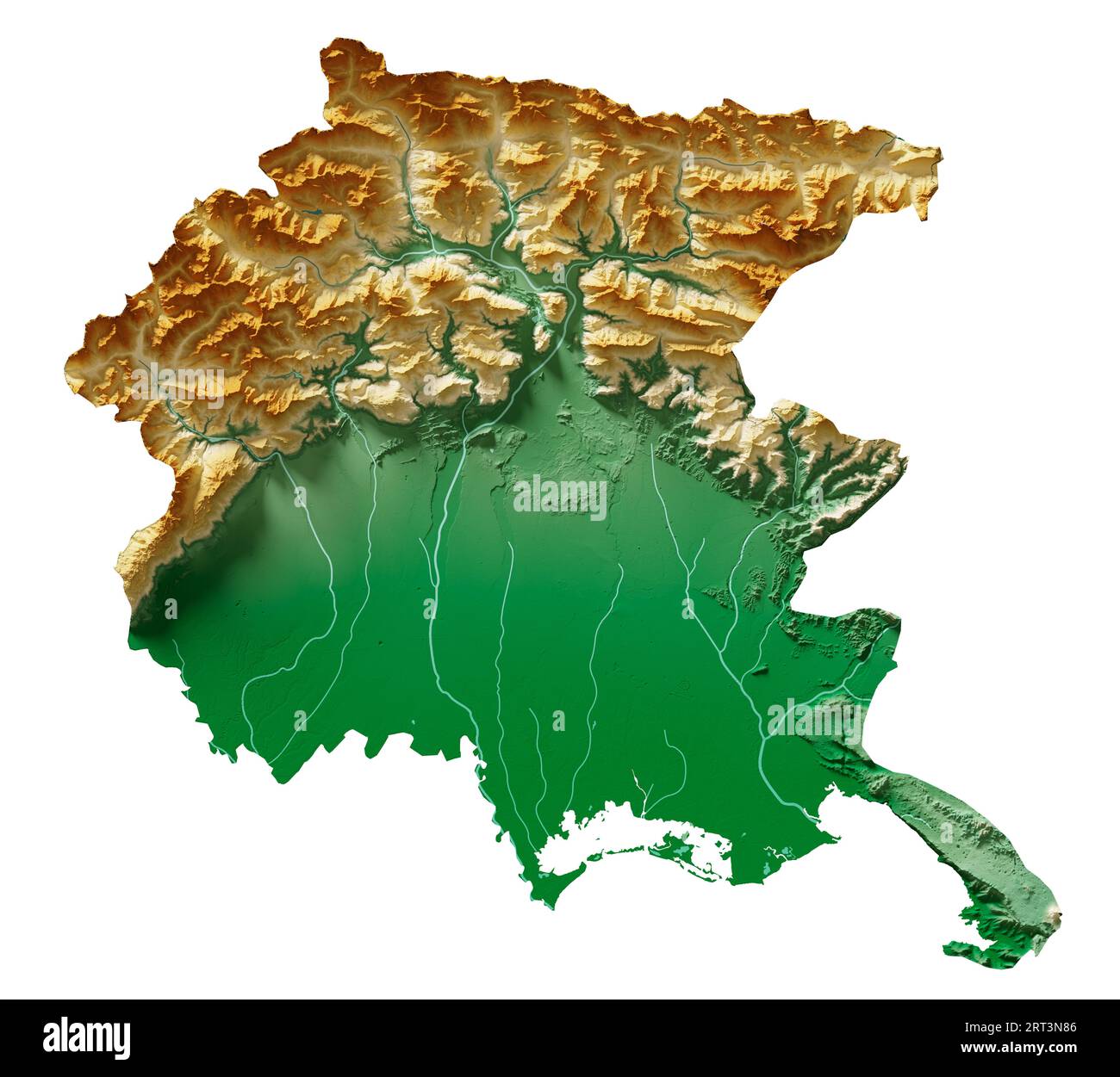 Friaul-Venezia Giulia. Eine Region Italiens. Detailliertes 3D-Rendering einer schattierten Reliefkarte, Flüsse, Seen. Farbig nach Höhe. Reiner weißer Hintergrund. Stockfoto