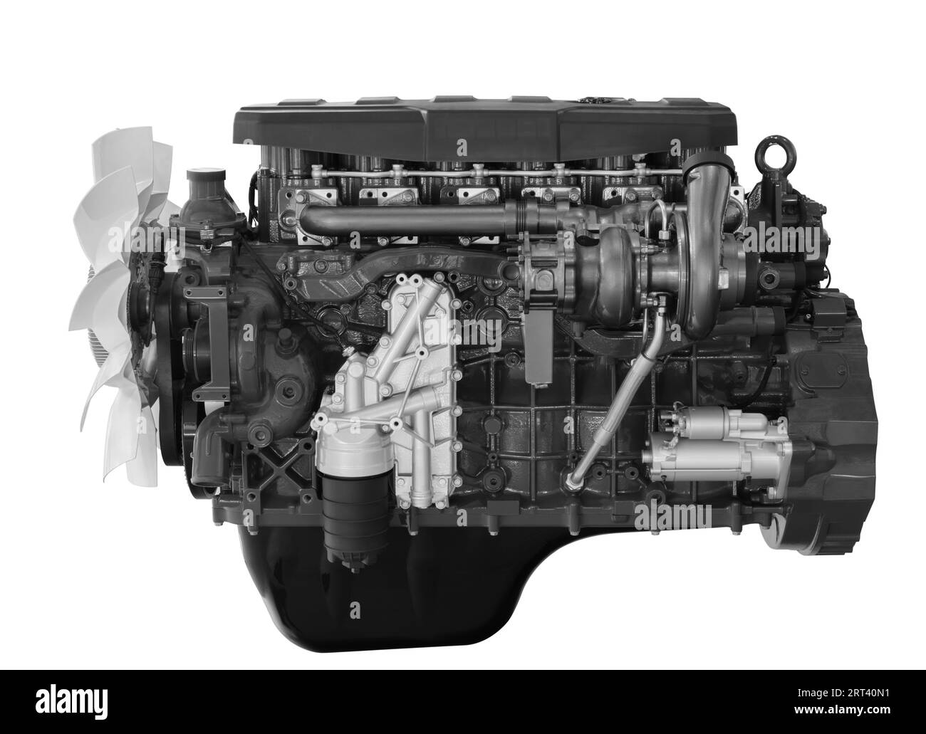 Moderne Hochleistungs-LKW-Diesel-Motor isoliert auf weißem Hintergrund Stockfoto