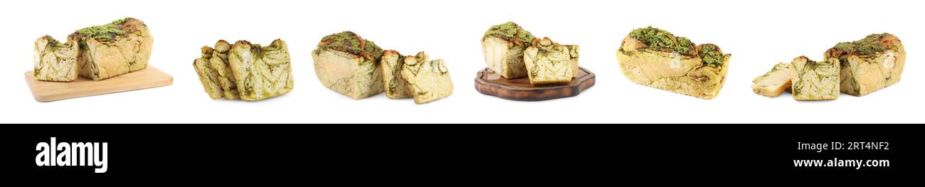 Collage mit frisch gebackenem Pesto-Brot isoliert auf weiß, Brot und Stücken Stockfoto