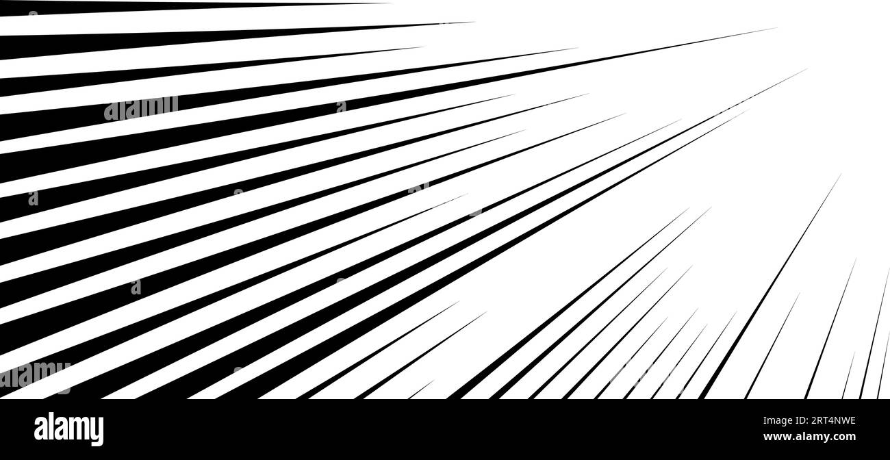 Diagonale Geschwindigkeitslinien Hintergrund. Comic-Buch Explosion Lines Wallpaper. Abstraktes Schwarzweiß-Flash-Rahmendesign. Manga- oder Anime-Cartoon-Lichtstrahl mit Sonnenschein. Pop-Art-Eckeffekt. Vektor Stock Vektor