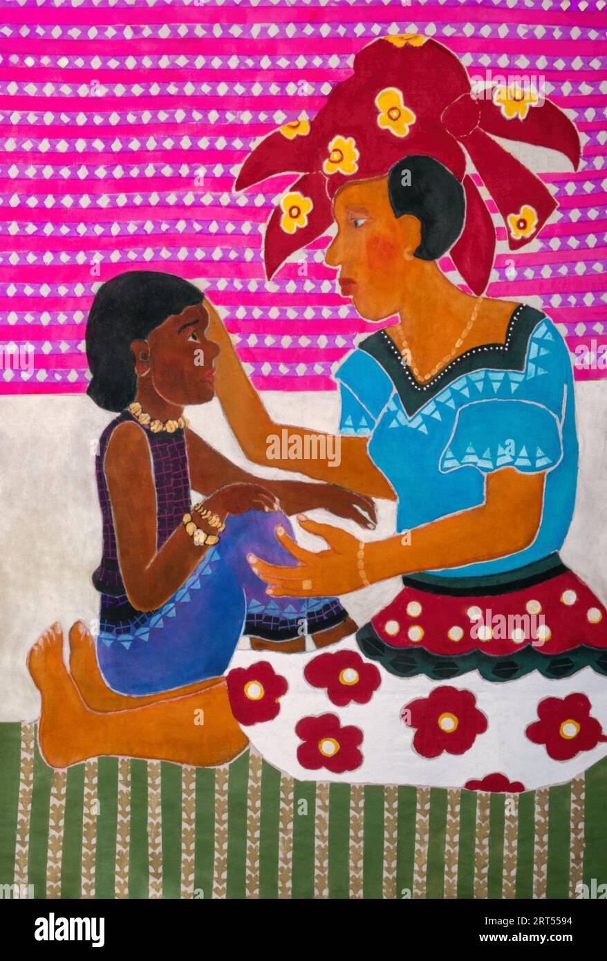 Primitives kindähnliches, altes afrikanisches Gemälde auf Leinwand einer Mutter, die mit ihrem Kind auf dem Boden steht, Ausdruck von Liebe und Fürsorge, Stockfoto