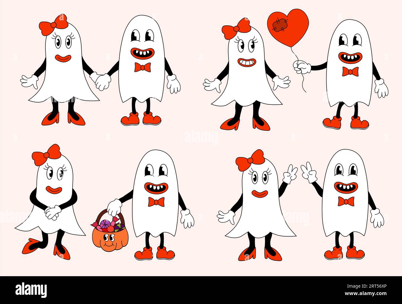 Retro-Set 70er 60er 80er Jahre Hippie Groovy Halloween Ghosts Girl and Boy in Love. Hände halten. Gibt einen Herzballon. Zeig das Friedenszeichen. Stock Vektor