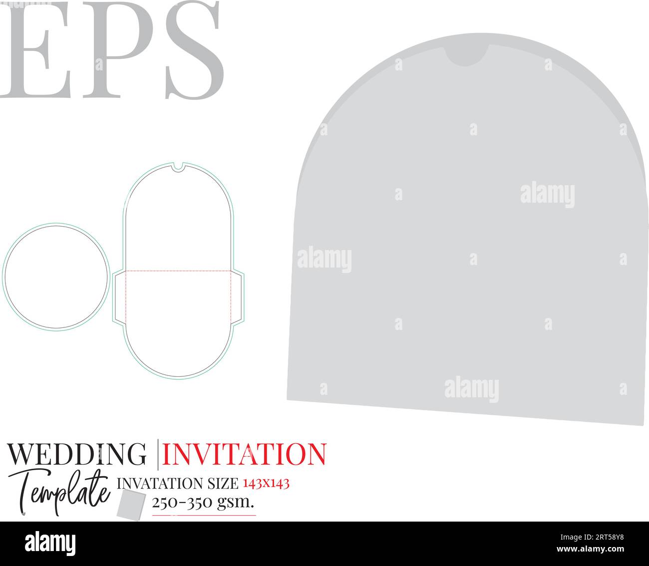 Hochzeitseinladung in Form eines Kreises im Umschlag, gestanzte Vorlage, Vektor. Weiß, blank, klar, Hochzeitseinladung isoliert auf weiß Stock Vektor