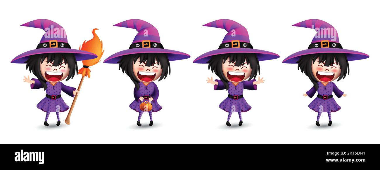Halloween Hexenfiguren Vektor Set Design. Hexenfigur in der niedlichen, unheimlichen, gruseligen und gruseligen Zauberer Maskottensammlung für die Kostümparty für Kinder Stock Vektor