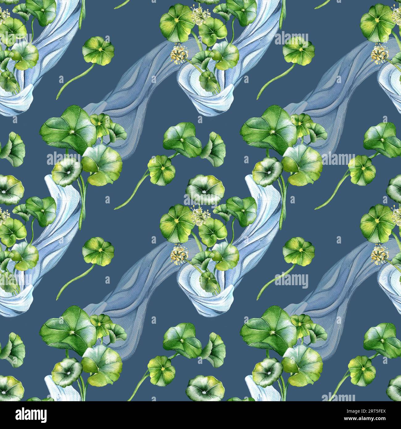 Centella asiatica Kräuterpflanzen und wellenfarbenes nahtloses Muster isoliert auf Blau. Pennykraut, gotu Kola Wasserform, Geranienblüte handgezeichnet Stockfoto