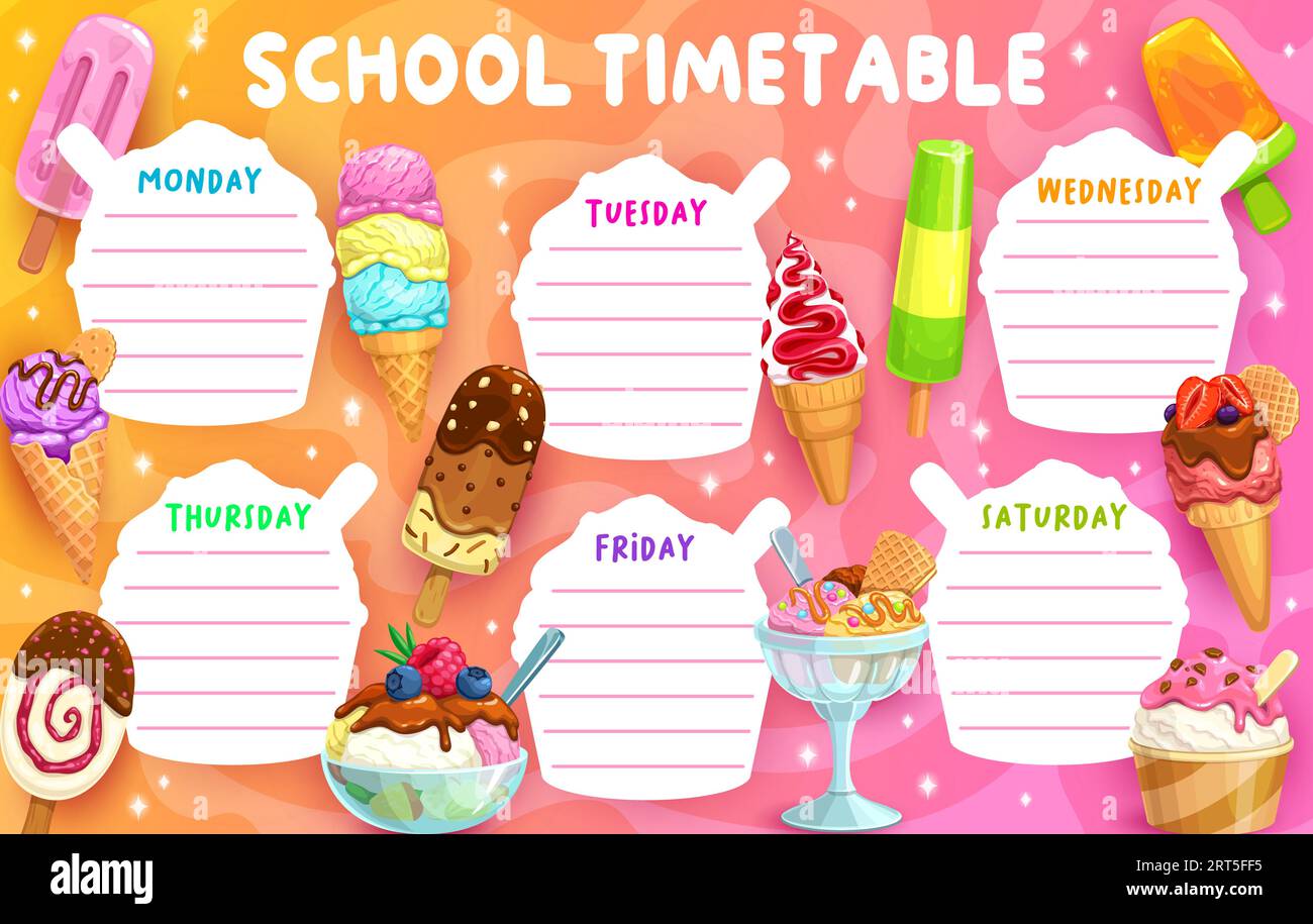 Zeitplan für die Ausbildung. Cartoon-Eiscreme, Eisbecher, Schokoladenstab und Vanilleschale. Kinderunterricht und Unterricht Vektorfahrplan mit Eisbecher Waffelkegel, Obstpopsicle und Schokoladeneis Stock Vektor