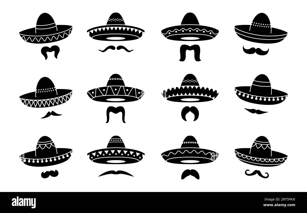 Schwarze mexikanische Mariachi Sombrero Hut Ikonen und Schnurrbärte. Vector charro-, Cowboy- oder Musikerkappen und Whiskerschilder, die die Kultur, Folklore und Traditionen Mexikos darstellen. Einfarbige festliche Elemente Stock Vektor