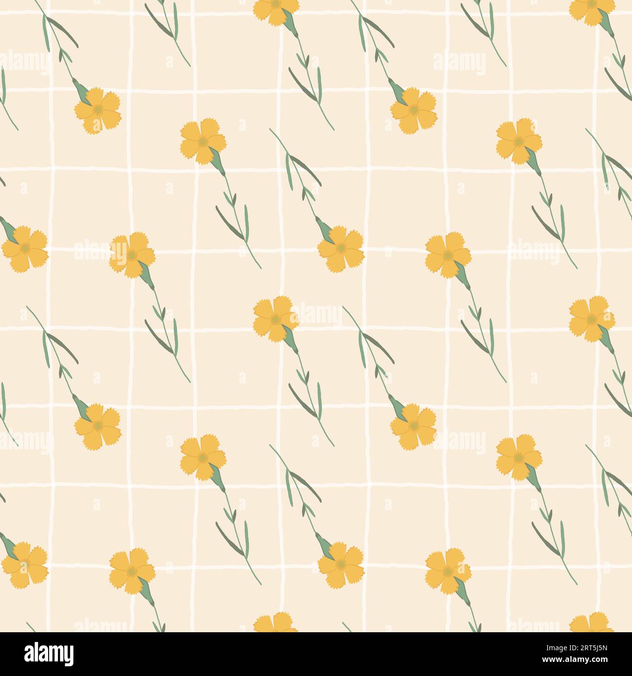 Karierte Tapete aus Cottagecore mit Gingham-Muster und gelbem nahtlosem Blumenmuster. Hand gezeichnete Doodle Blumen Cottagecore Chintz rustikale botanische Backgrou Stock Vektor
