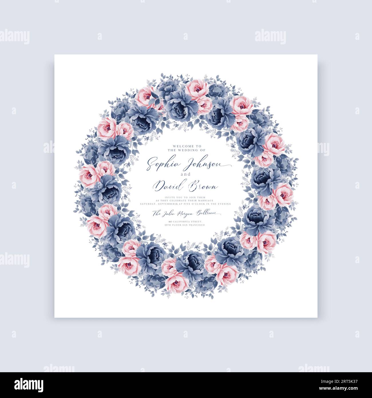 Quadratisches Einladungskartendesign mit Blumenmuster für die Hochzeit mit blauen und rosa Blumen in Aquarellfarben. Vektorvorlage. Stock Vektor