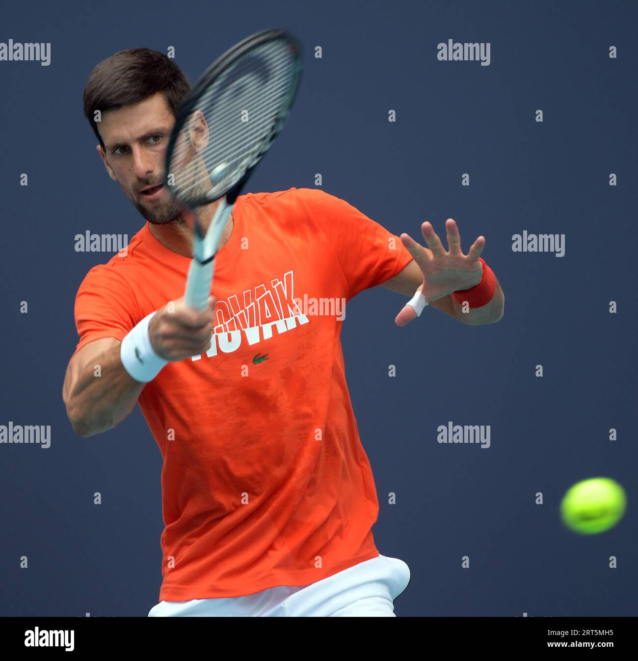 MIAMI GARDENS, FL - 18. MÄRZ: Novak Djokovic auf dem Übungsfeld vor Beginn des Miami Open Tennis Tournament im Hard Rock Stadium. Novak Djokovic ist ein serbischer Profi-Tennisspieler, der am 18. März 2019 von der Association of Tennis Professional in Miami Gardens, Florida, auf Platz 1 im Single-Tennis für Männer steht. Personen: Novak Djokovic Stockfoto