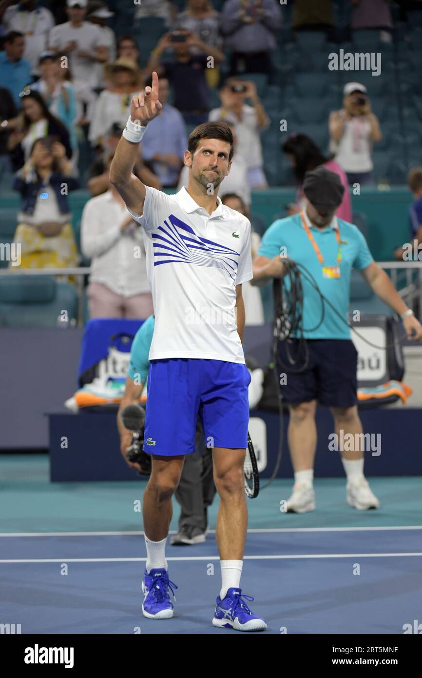 MIAMI GARDENS, FLORIDA - 24. MÄRZ: Novak Djokovic aus Serbien besiegt Federico Delbonis aus Argentinien am 7. Tag der Miami Open, präsentiert von Itau im Hard Rock Stadium am 24. März 2019 in Miami Gardens, Florida Menschen: Novak Djokovic Stockfoto