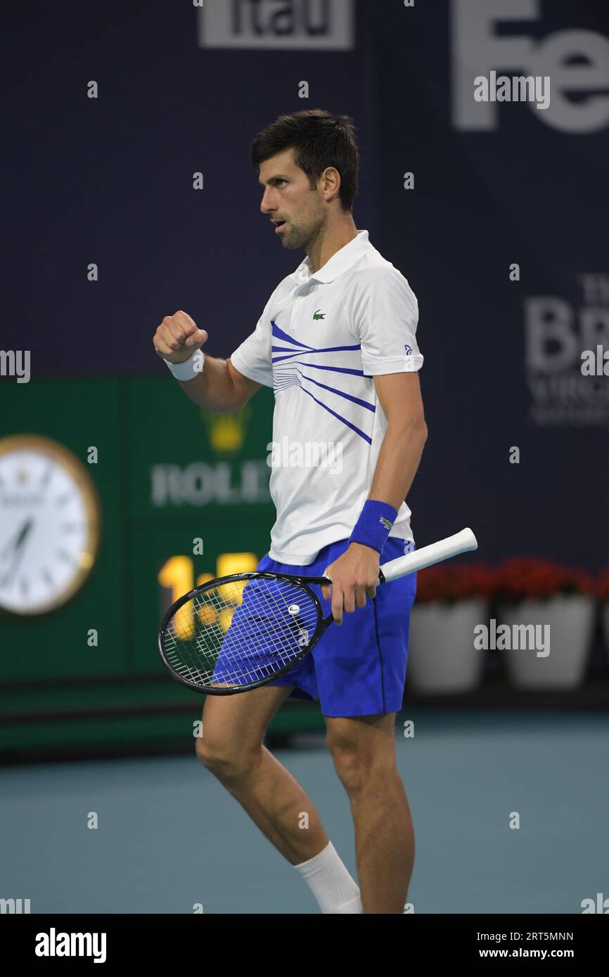 MIAMI GARDENS, FLORIDA - 24. MÄRZ: Novak Djokovic aus Serbien besiegt Federico Delbonis aus Argentinien am 7. Tag der Miami Open, präsentiert von Itau im Hard Rock Stadium am 24. März 2019 in Miami Gardens, Florida Menschen: Novak Djokovic Stockfoto