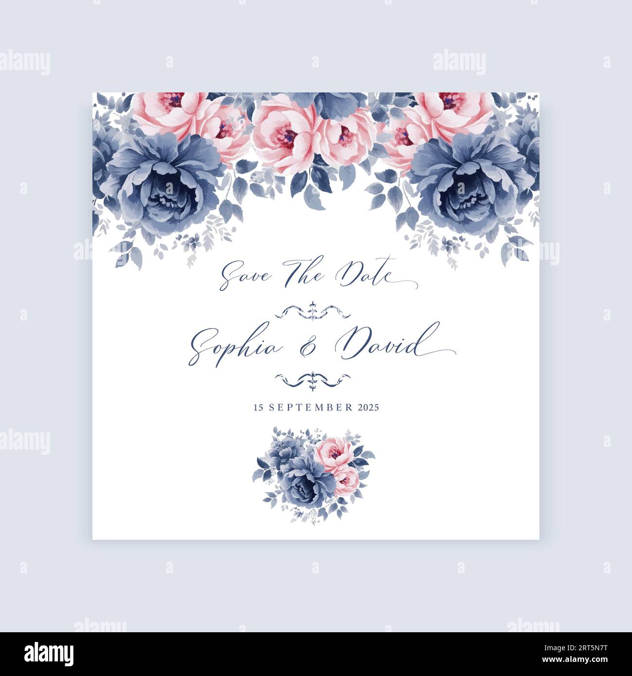 Hochzeit Pastellfarben Blumenmuster quadratisch Save the Date Karte Design mit Vintage blau und rosa Aquarellblumen. Vektorvorlage Stock Vektor