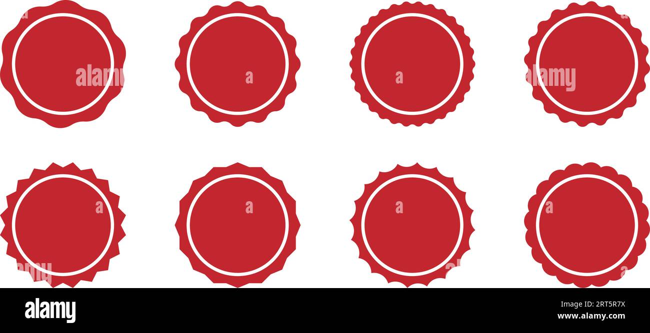 Symbole für rote kreisförmige Siegel. Vintage-Aufkleber mit gewelltem Rand und Kreis. Sternenform-Tags. Leerer runder Aufkleber zum Verkauf. Einfache runde rote Wachsdichtung. Vektor Stock Vektor