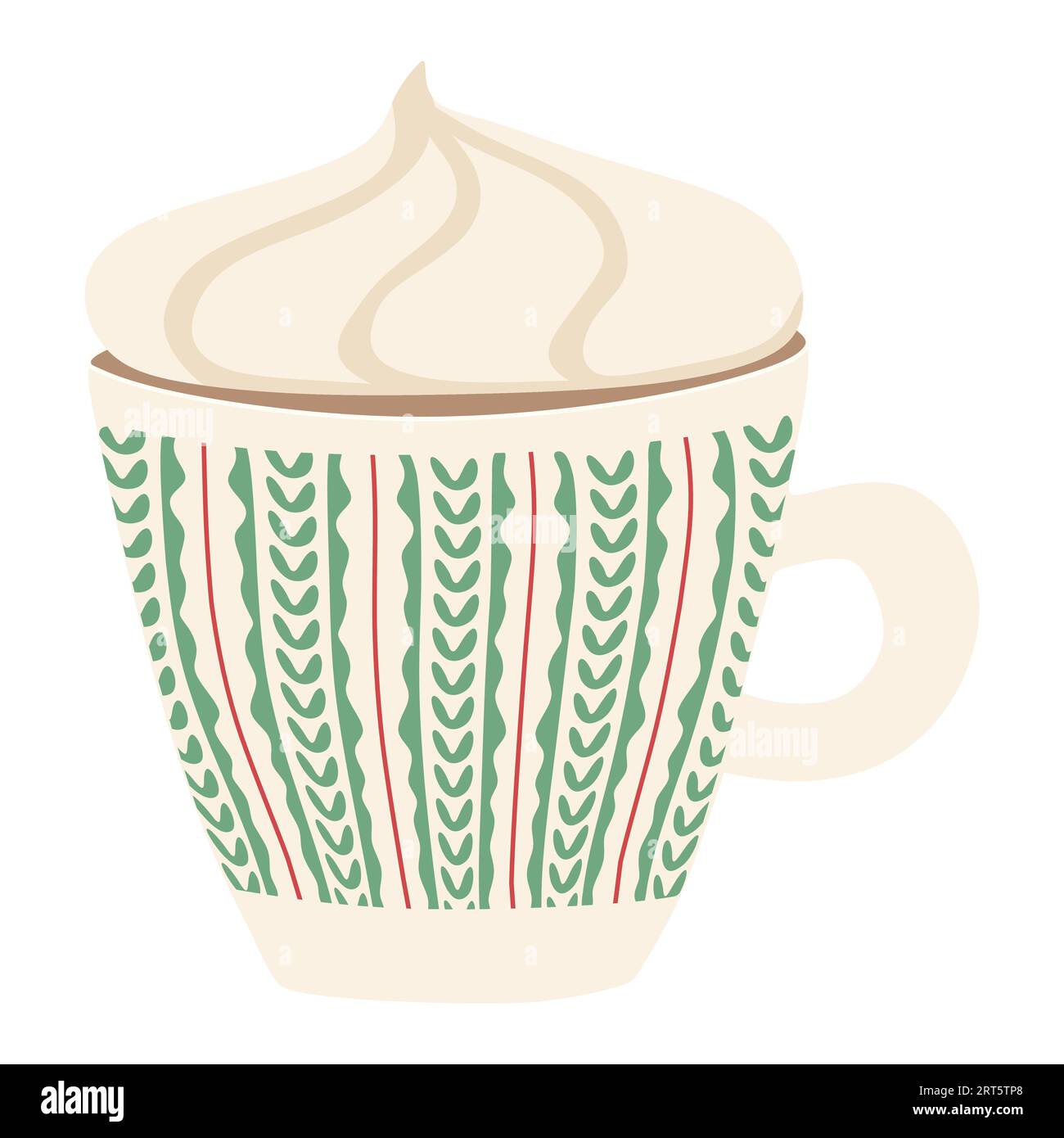 Tasse heiße Schokolade mit Schlagsahne, Strickdekoration auf Becher. Vorlage für gemütliches Herbst- oder Winterdesign. Isolierte Vektor-Zeichentrickillustration. Stock Vektor