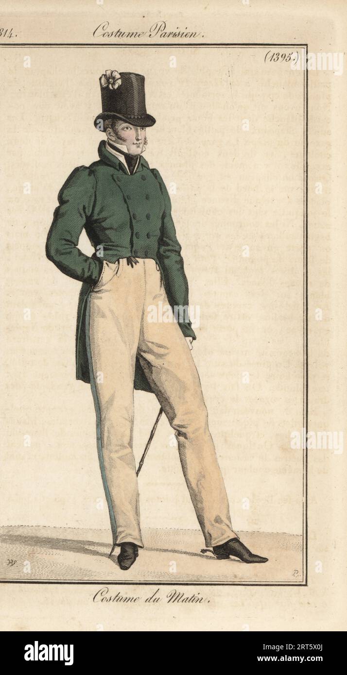 Französisches Gentlaman-Outfit am Morgen mit Hut mit Cockade, grünem Frack, Krawatte, Hose und Schuhen mit Sporen. Kostüm du Matin. Handkolorierter Kupferstich von Pierre-Charles Baquoy nach einer Modeplatte von Horace Vernet aus Pierre de la Mesangeres Journal des Dames et des Modes, Zeitschrift für Frauen und Mode, Paris, 1814. Stockfoto