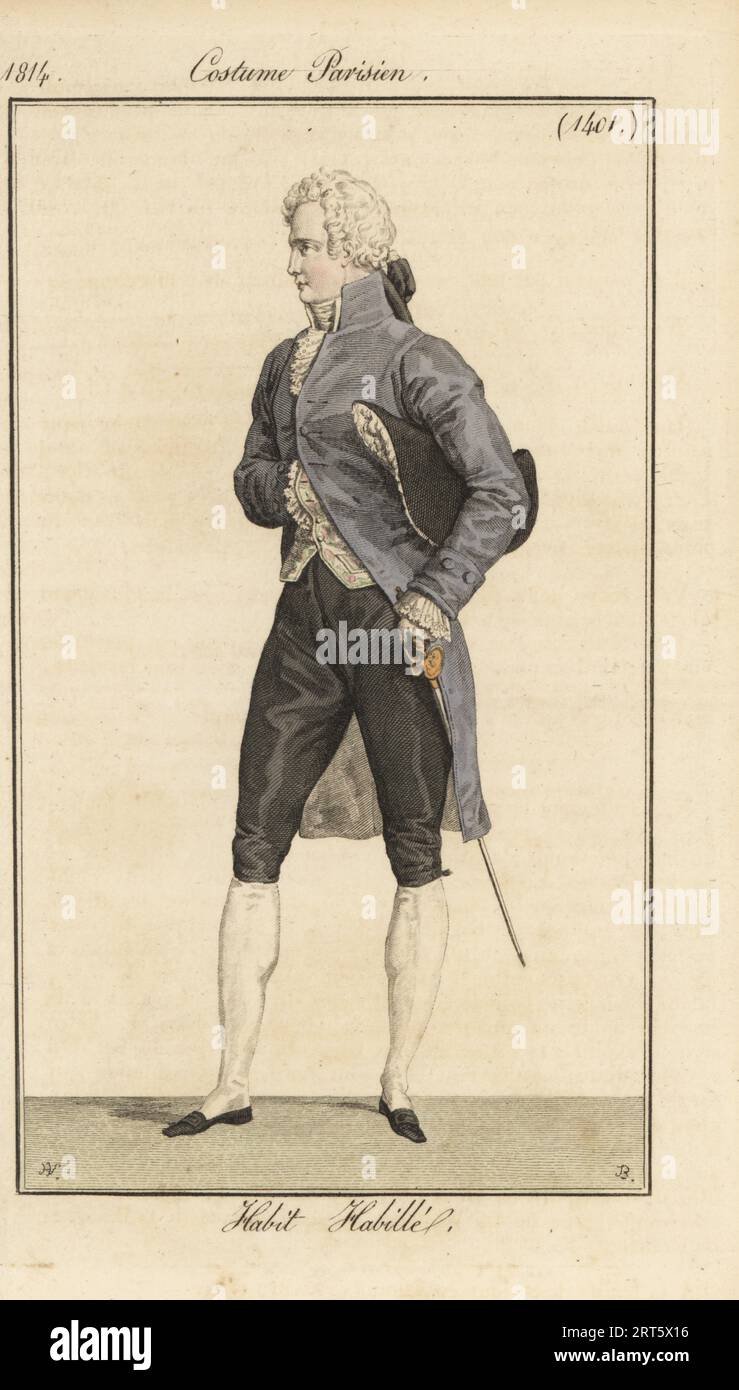 Französischer Gentleman in Court Wear. In Perücke, Frack, Weste, Reithose, Schlauch und Hausschuhen, mit Bicorne und Hofschwert. Gewohnheit Habille. Handkolorierter Kupferstich von Pierre-Charles Baquoy nach einer Modeplatte von Horace Vernet aus Pierre de la Mesangeres Journal des Dames et des Modes, Zeitschrift für Frauen und Mode, Paris, 1814. Stockfoto