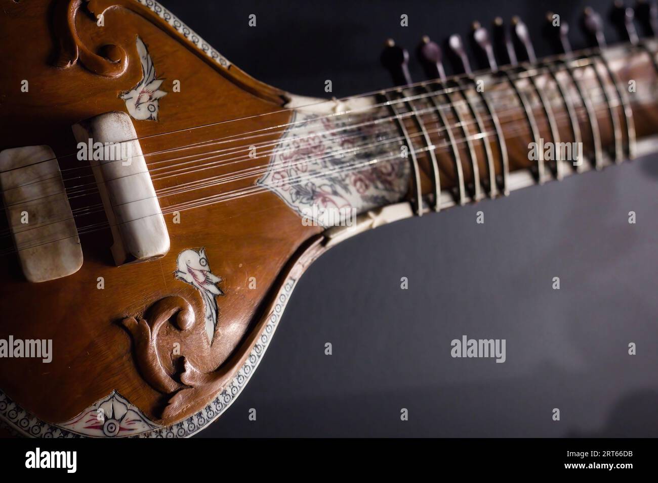 Nahaufnahme eines antiken traditionellen indischen Sitar, oder Vada, Musikinstruments mit Kürbiskörper und Holzhals mit kunstvoll gravierten Knochen dekorative orn Stockfoto