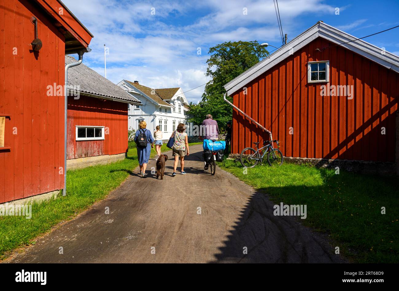 Urlauber spazieren und radeln auf der Strecke durch die wichtigsten Bauernhöfe auf der Insel Jomfruland, einem hellen, sonnigen Sommertag, Telemark, Norwegen. Stockfoto