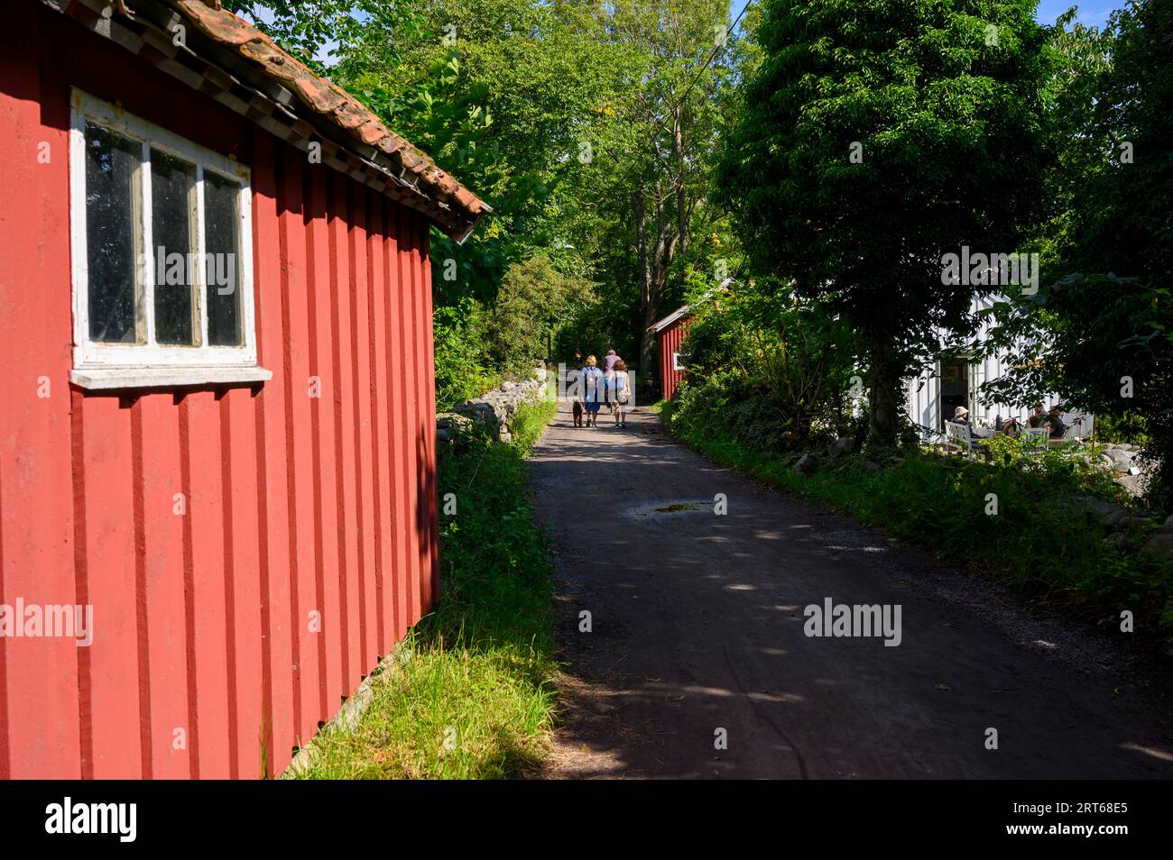 Urlauber spazieren auf einem unbefestigten Pfad vorbei an roten, holzgetäfelten Nebengebäuden und einem weißen Ferienhaus auf der Insel Jomfruland, Telemark, Norwegen. Stockfoto