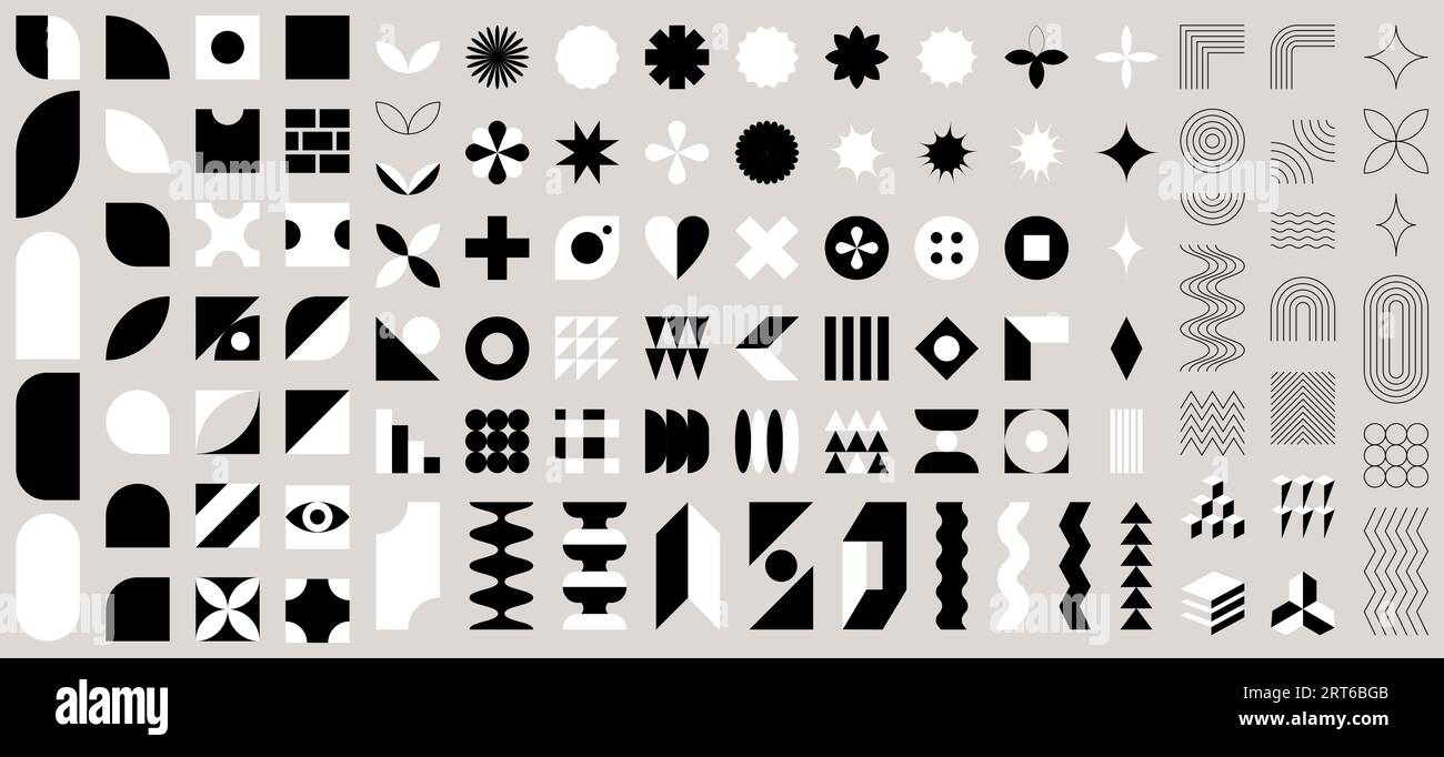 Sammlung von flachen und abstrakten geometrischen Formen. Brutalismus, Schweizer Minimalismus, Bauhaus-Stil inspiriert. Schwarz-weiß isoliertes Vektordesign Stock Vektor