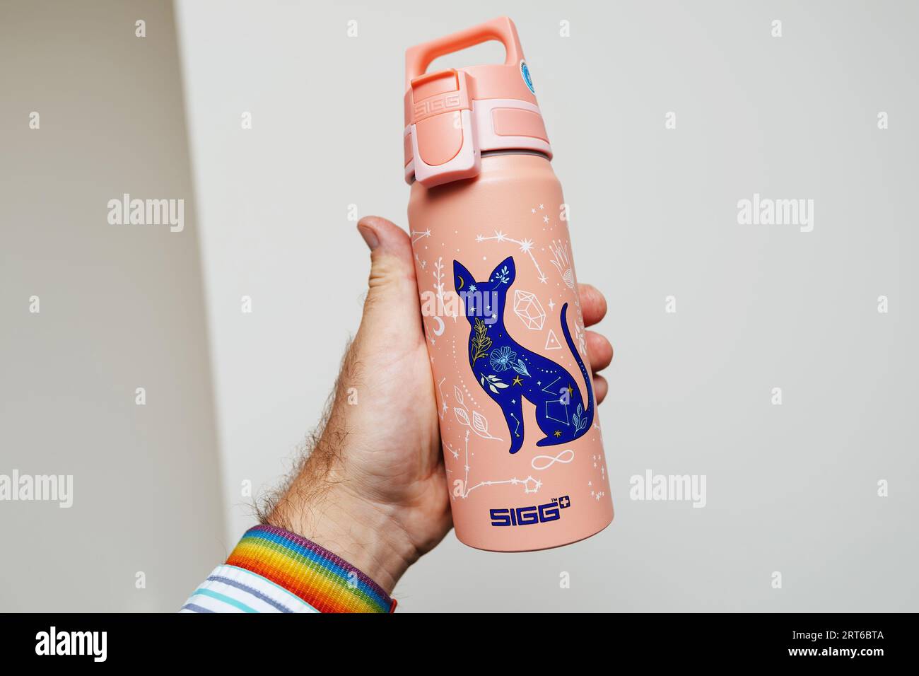 Paris, Frankreich - 3. Juni 2023: Eine männliche Hand greift souverän eine rosa SIGG Wasserreise, die ihren lebendigen Farbton und ihr lebendiges Design hervorheben kann Stockfoto